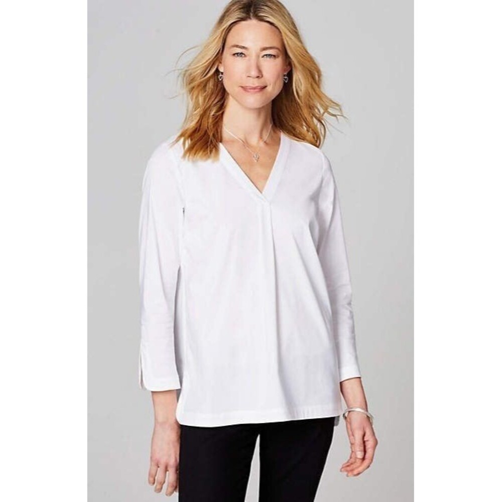 J. Jill White Shirt Collection Quarter Sleeve V-Neck Popover Tunic top M